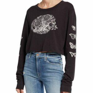 RE/DONE Black 100% Cotton Psychedelic Lion Long Sleeve Crop Shirt Top Size S